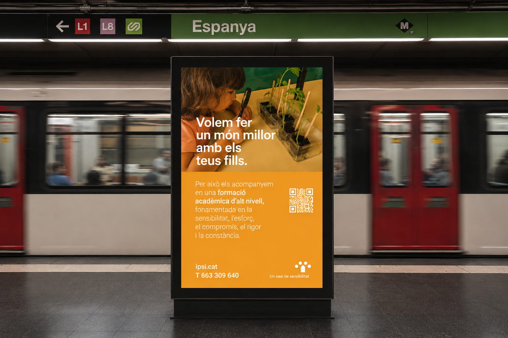 Pantalla publicitaria en el andén de la estación de metro de Espanya, con viajeros esperando el tren