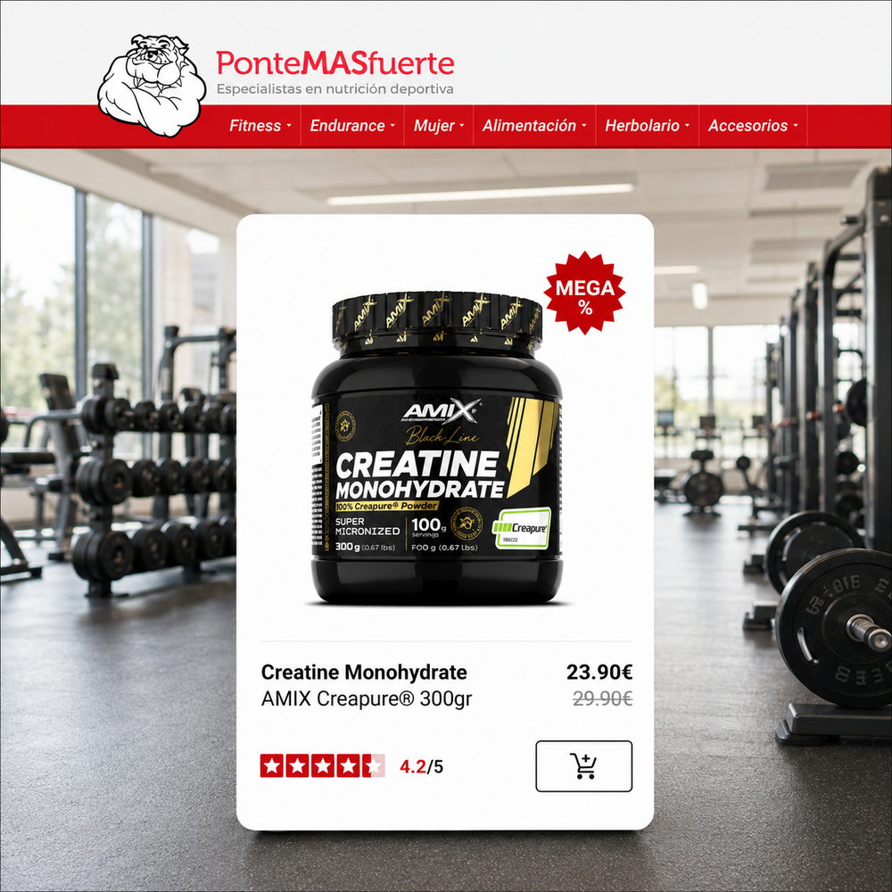 Ficha de producto de PonteMASfuerte con un bote de creatina monohidrato, su precio rebajado y la valoración de los clientes