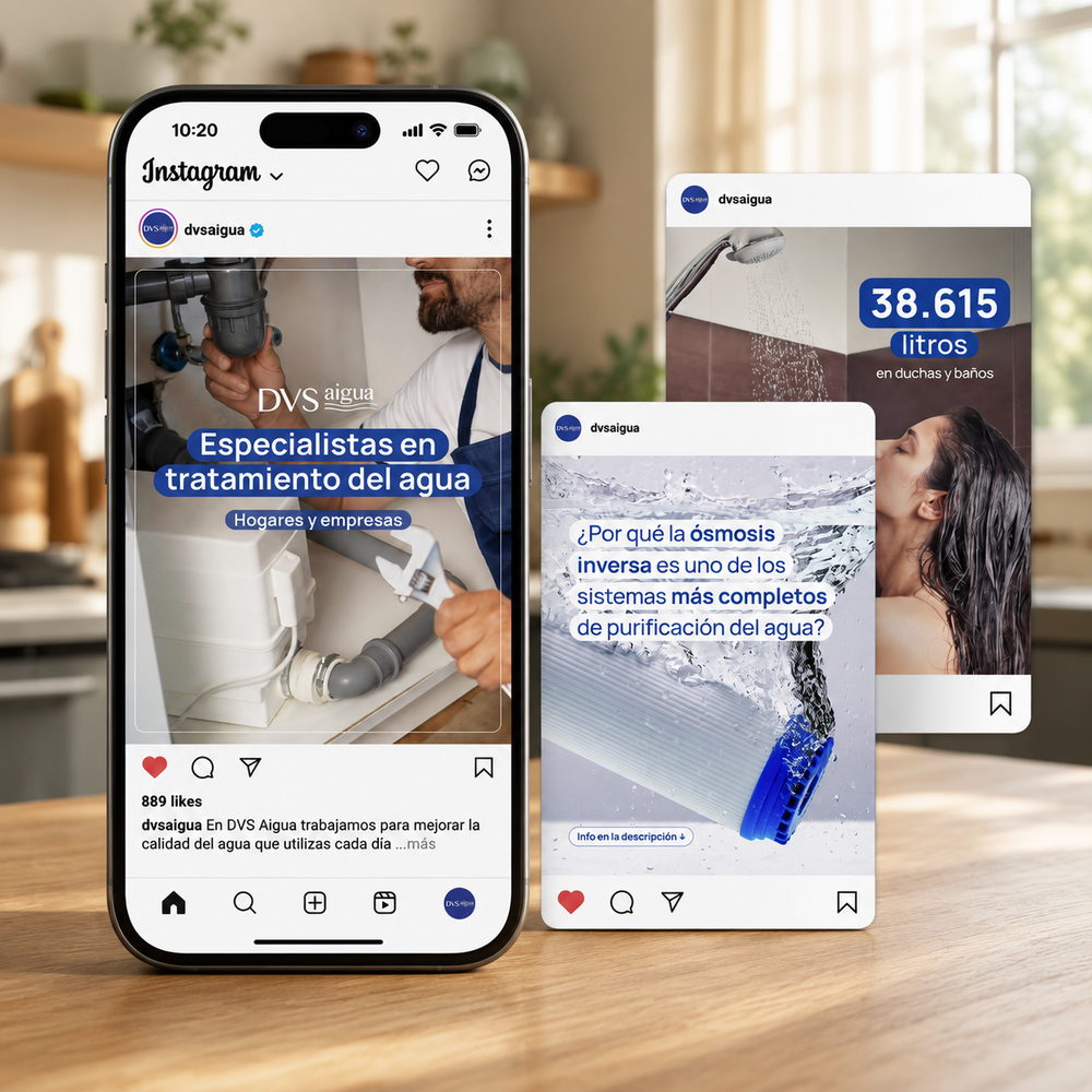 Tres móviles mostrando stories y publicaciones de Instagram de una campaña sobre tratamiento del agua
