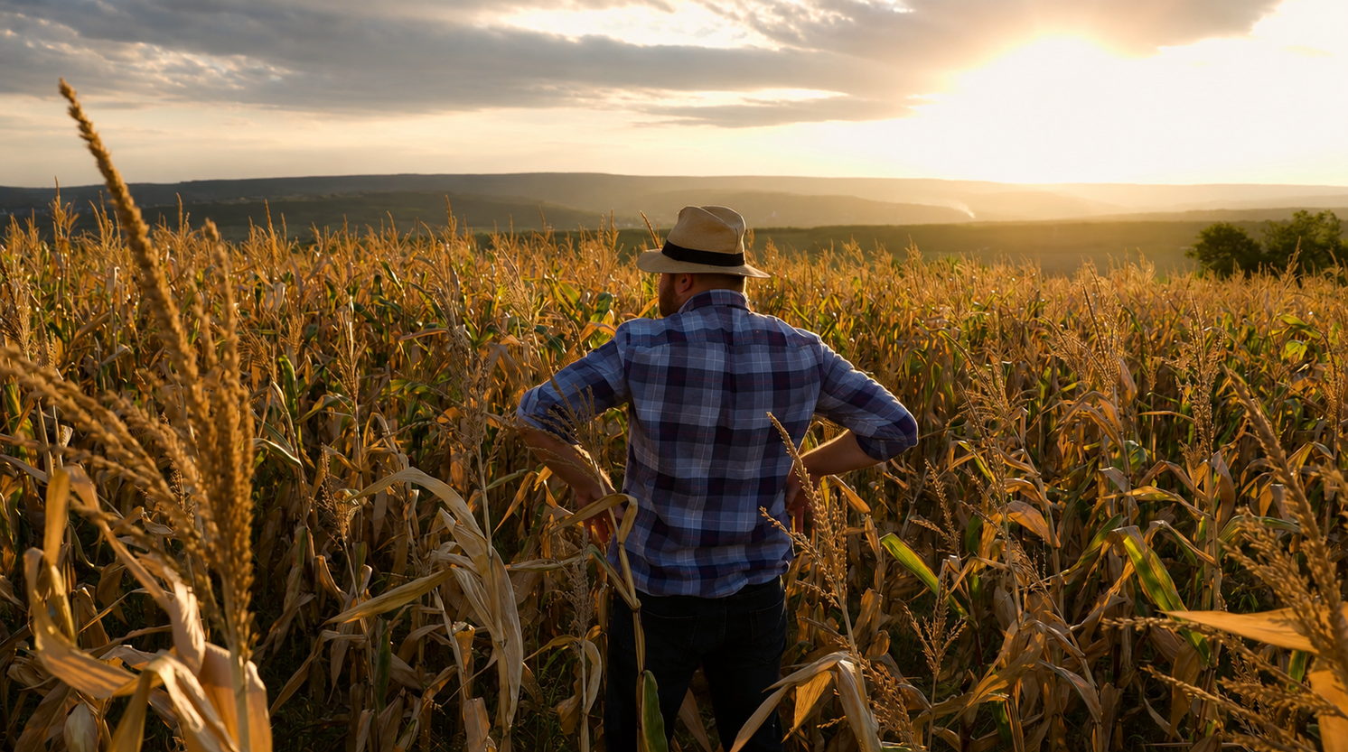 Agricultor de espaldas con sombrero de paja contemplando al atardecer un maizal en plena cosecha