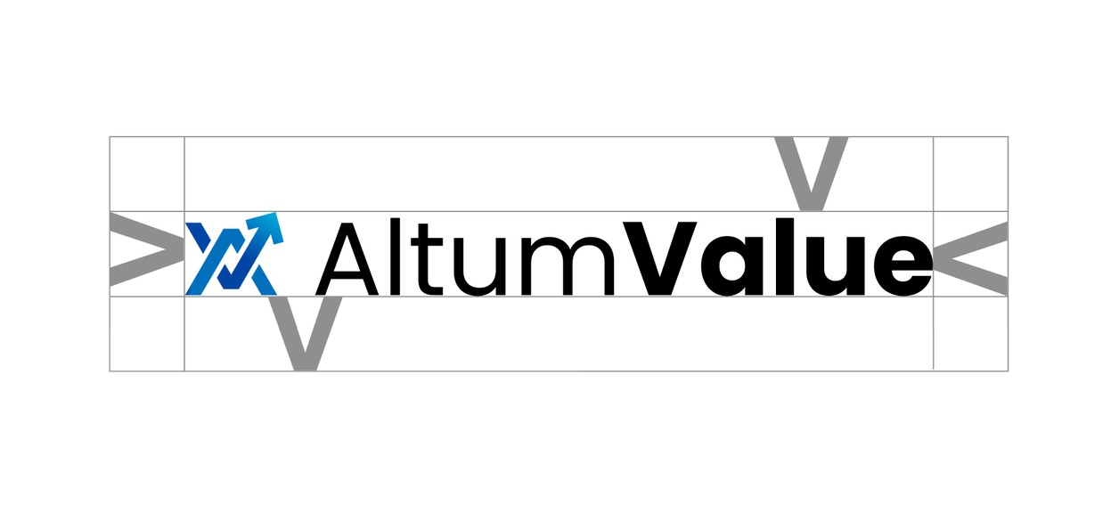 Construcción del logotipo de Altum Value sobre retícula, con las proporciones del isotipo acotadas