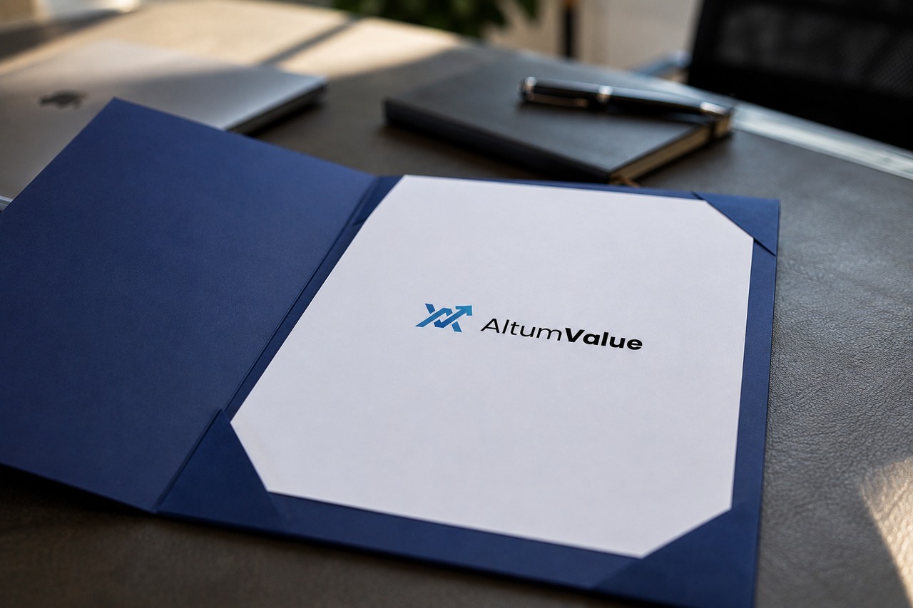 Carpeta azul marino de Altum Value sobre una mesa, con el logotipo estampado en blanco
