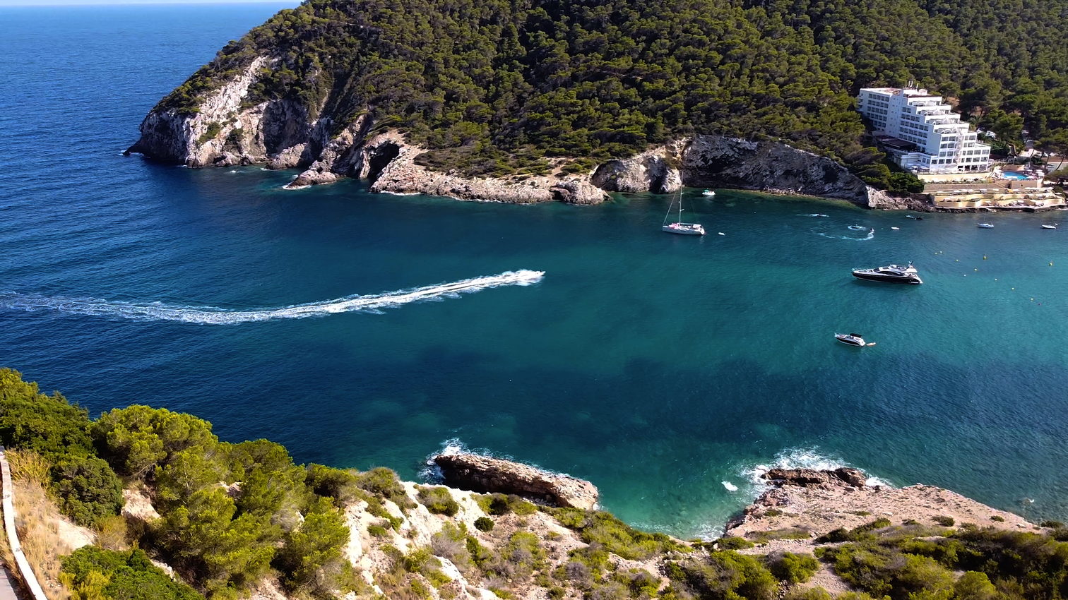 Cala de aguas turquesa rodeada de pinares en Ibiza, con veleros fondeados junto a la costa