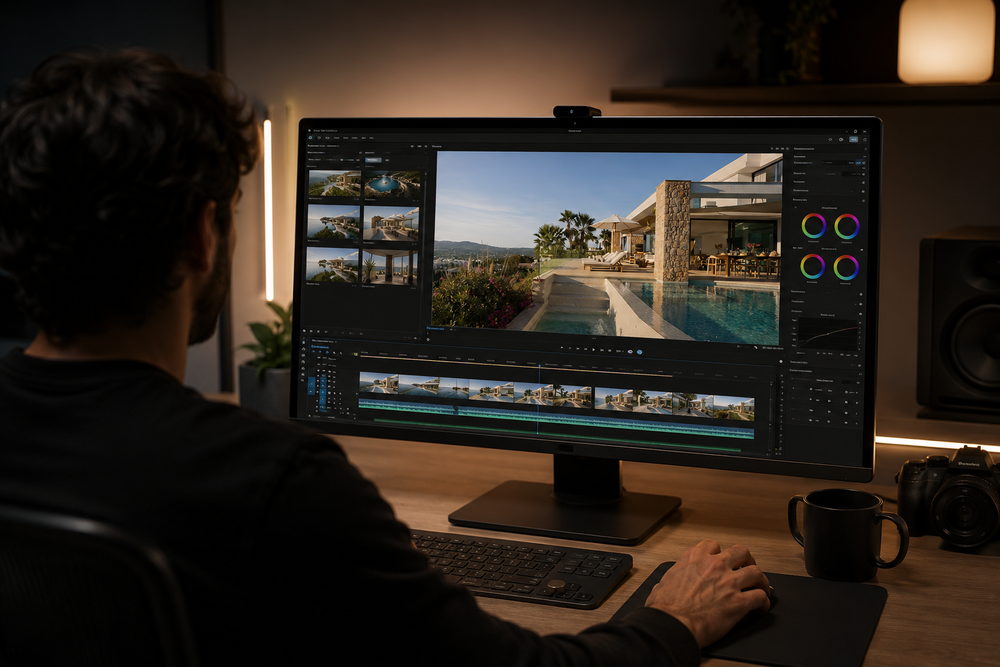 Puesto de edición de vídeo con la imagen de una villa en pantalla y el metraje en la línea de tiempo
