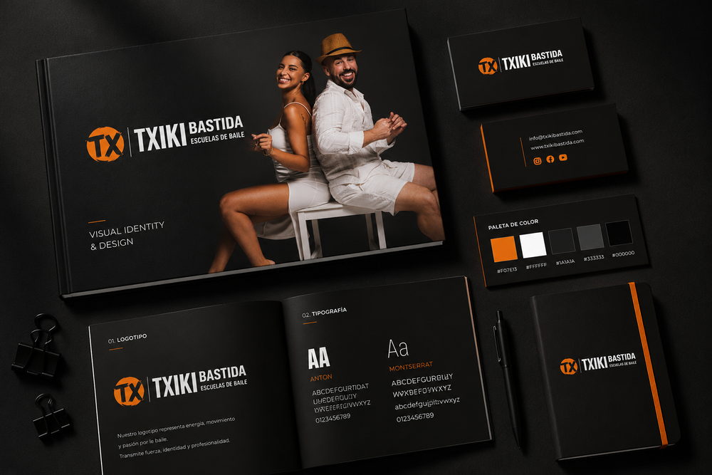 Identidad de Txiki Basterra desplegada sobre fondo negro, con el logotipo naranja y sus aplicaciones