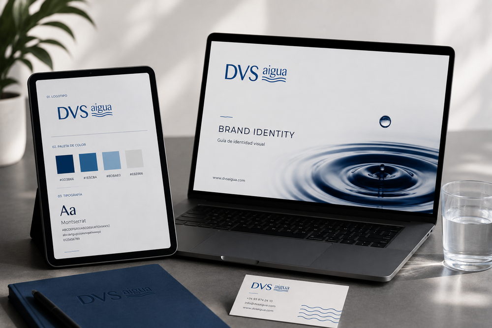 Manual de identidad de DVS Aigua abierto en un portátil y una tableta, con la paleta y la tipografía de la marca