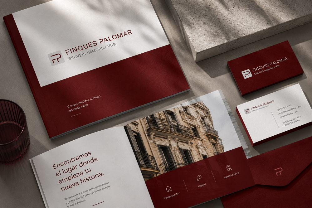 Papelería granate de Finques Palomar: catálogo, tarjetas y carpeta sobre una superficie gris