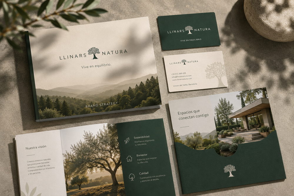 Papelería verde de Llinars con una fotografía de bosque y el lema «Vive en equilibrio»