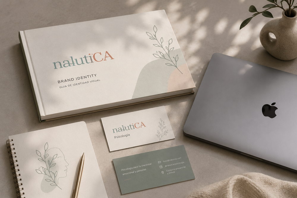 Papelería de naluTCA sobre una mesa clara, con tarjetas, carpeta y un portátil
