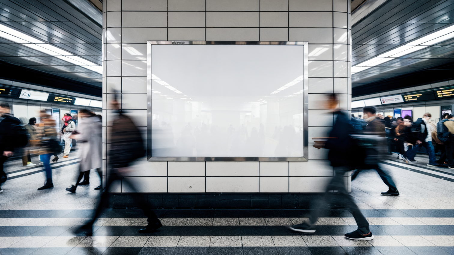 Pantalla publicitaria iluminada en el andén de una estación de metro con viajeros pasando