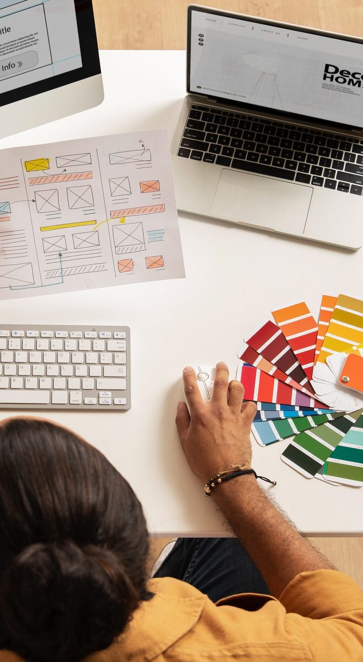 Vista cenital de una mesa de diseño: un portátil, bocetos de una web impresos, un teclado y un abanico de muestras de color