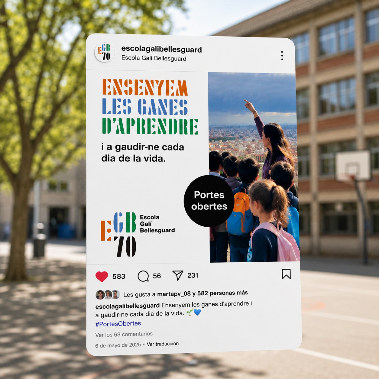 Publicación de Instagram de la escuela con la creatividad de la campaña, sobre la fachada del centro