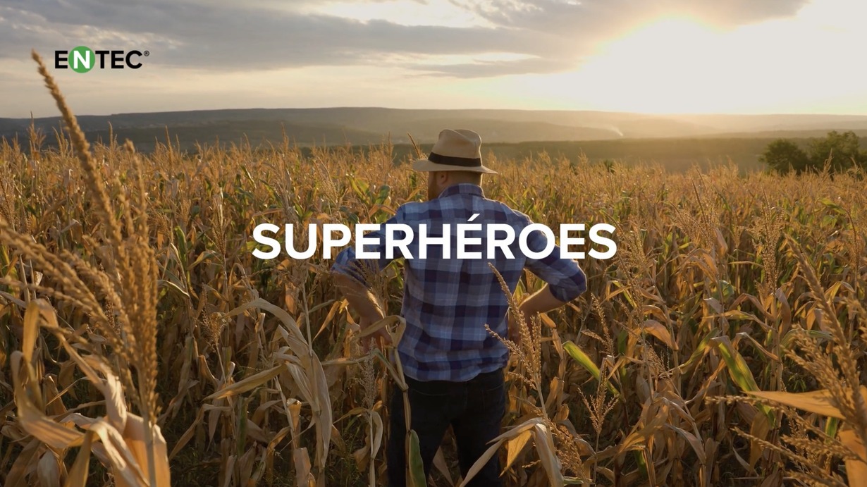 Agricultor de espaldas en un maizal al atardecer, con el rótulo «Superhéroes» de la campaña de EuroChem
