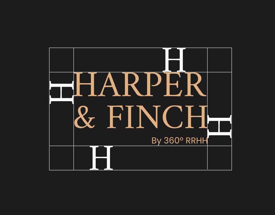 Construcción del logotipo de Harper & Finch sobre retícula, en dorado sobre fondo negro