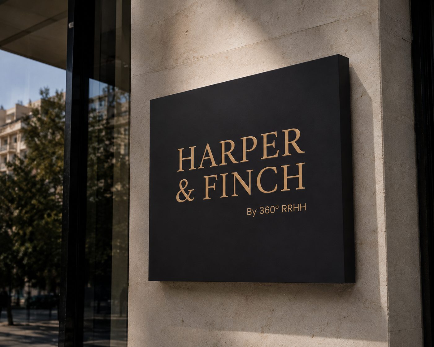 Placa corporativa de Harper & Finch en dorado sobre fondo negro, montada en la fachada de un edificio