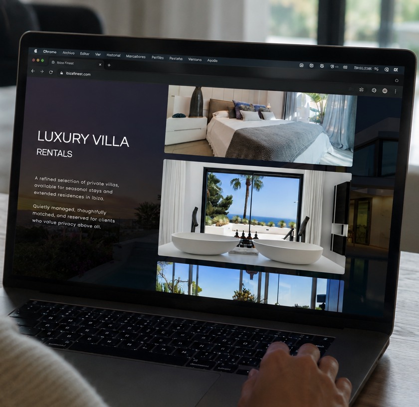 Una mujer consulta en su portátil la página de alquiler de villas de lujo de Ibiza Finest