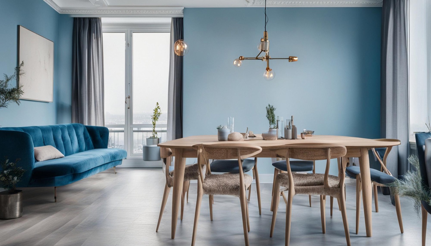 Comedor de un piso con paredes azules, mesa de madera y sofá junto al ventanal