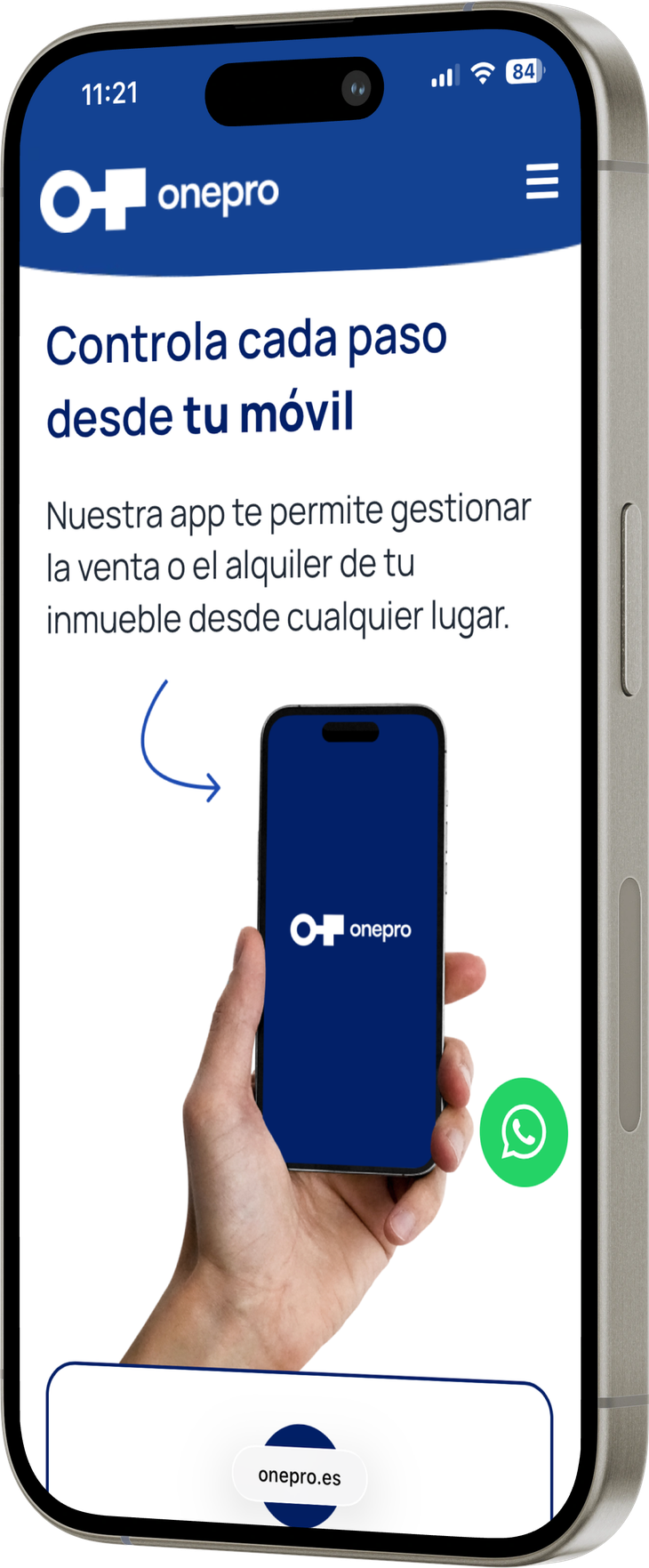 Móvil con la app de OnePro abierta por la pantalla «Controla cada paso desde tu móvil»