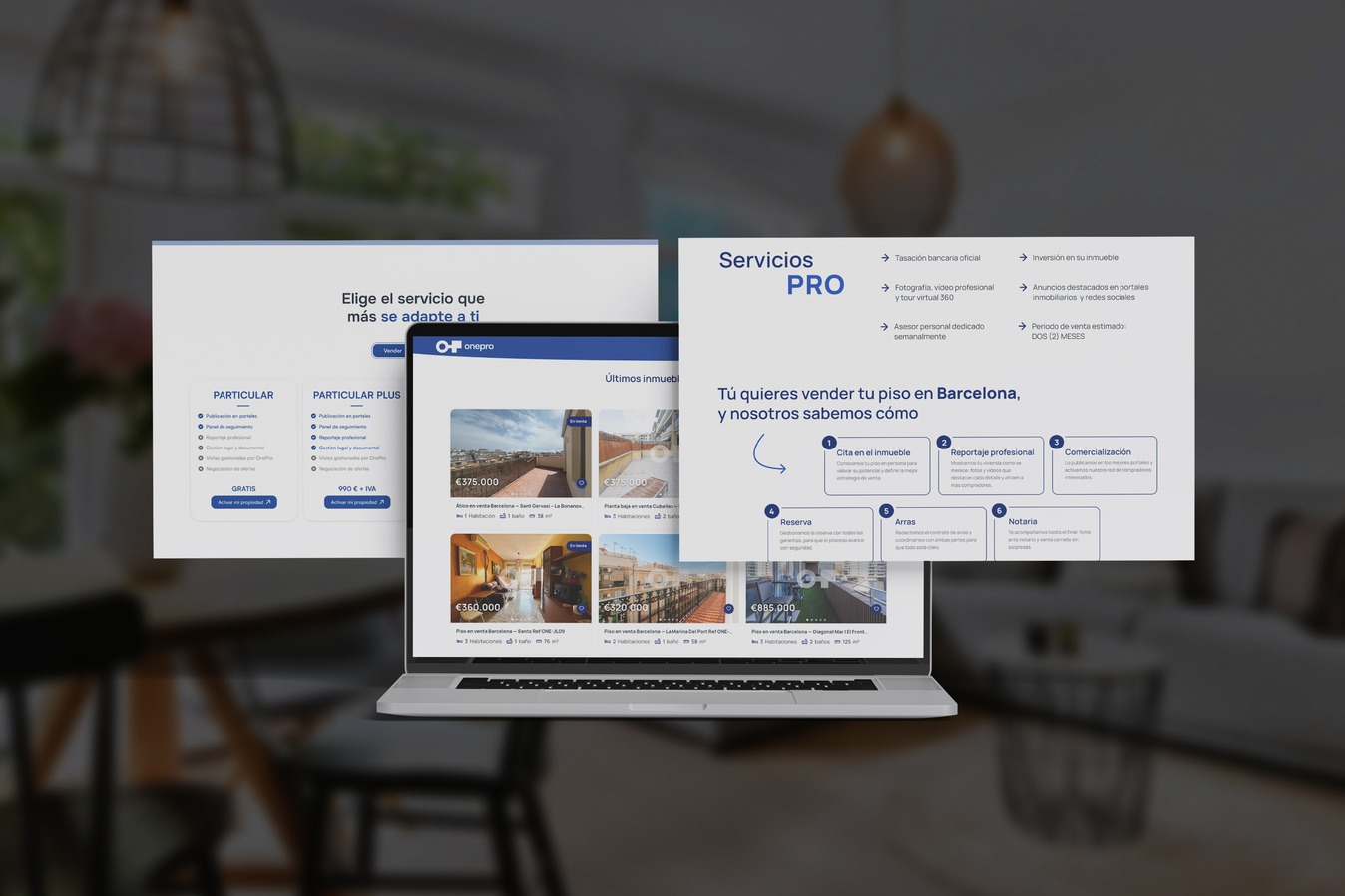 Portátil y pantallas flotantes con las páginas de planes y de servicios PRO de OnePro